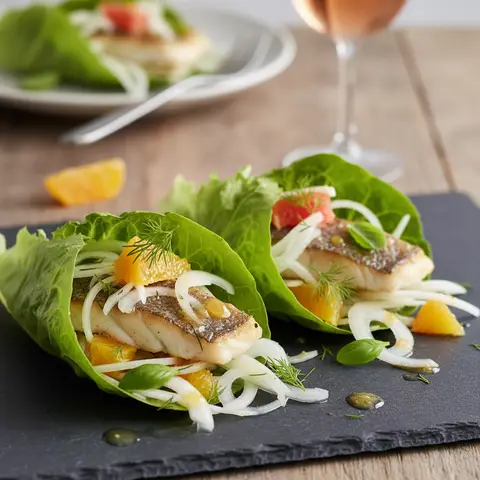 Salatwickel mit Barsch, Fenchel und Zitrusfrüchten