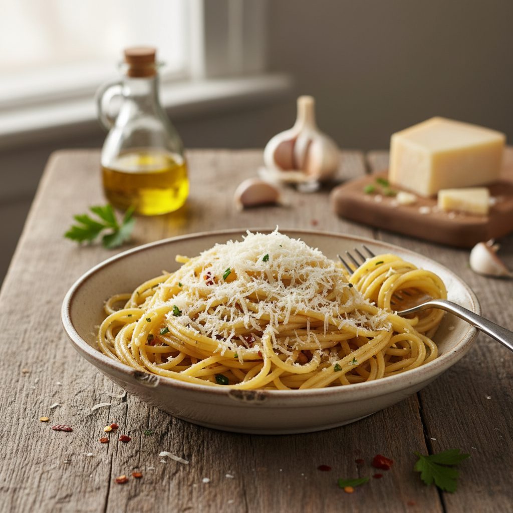 Spaghettis Aglio e Olio avec Gruyère