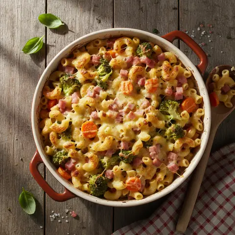 Pasta Gratin with Vegetables and Ham