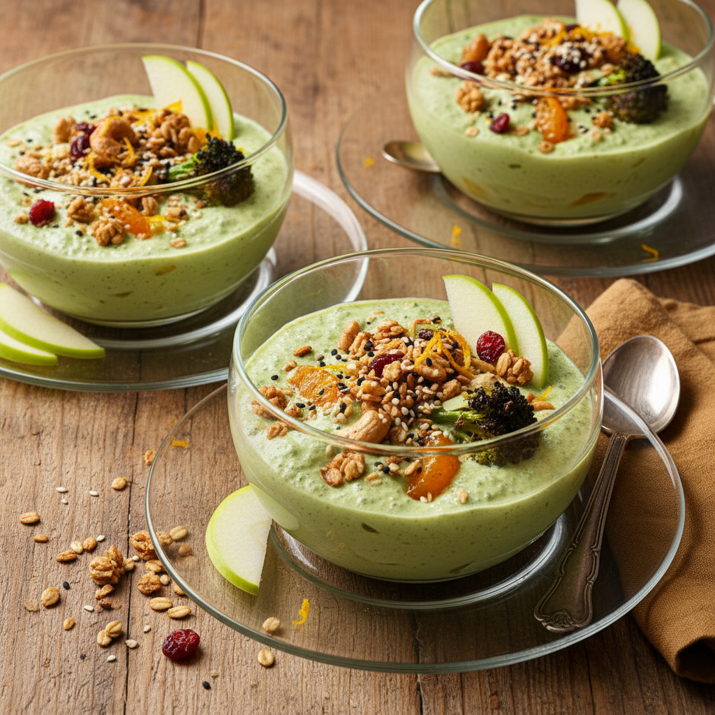 Velouté Créatif: Pomme, Clémentine et Brocoli en Espuma avec Granola Sucré-Salé