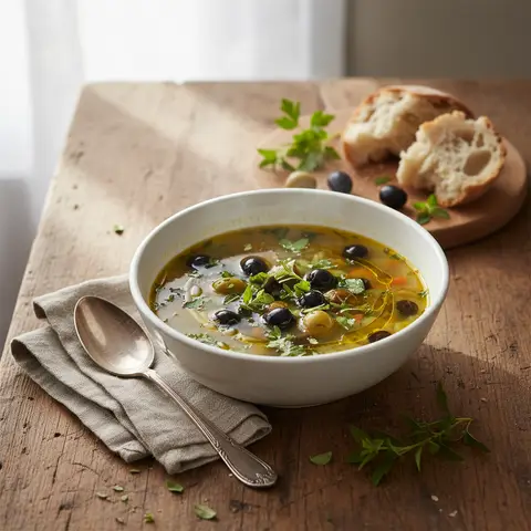 Einfache Suppe mit Oliven und Kräutern