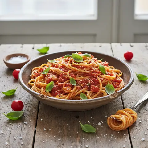 Spaghetti mit Tomate und Basilikum