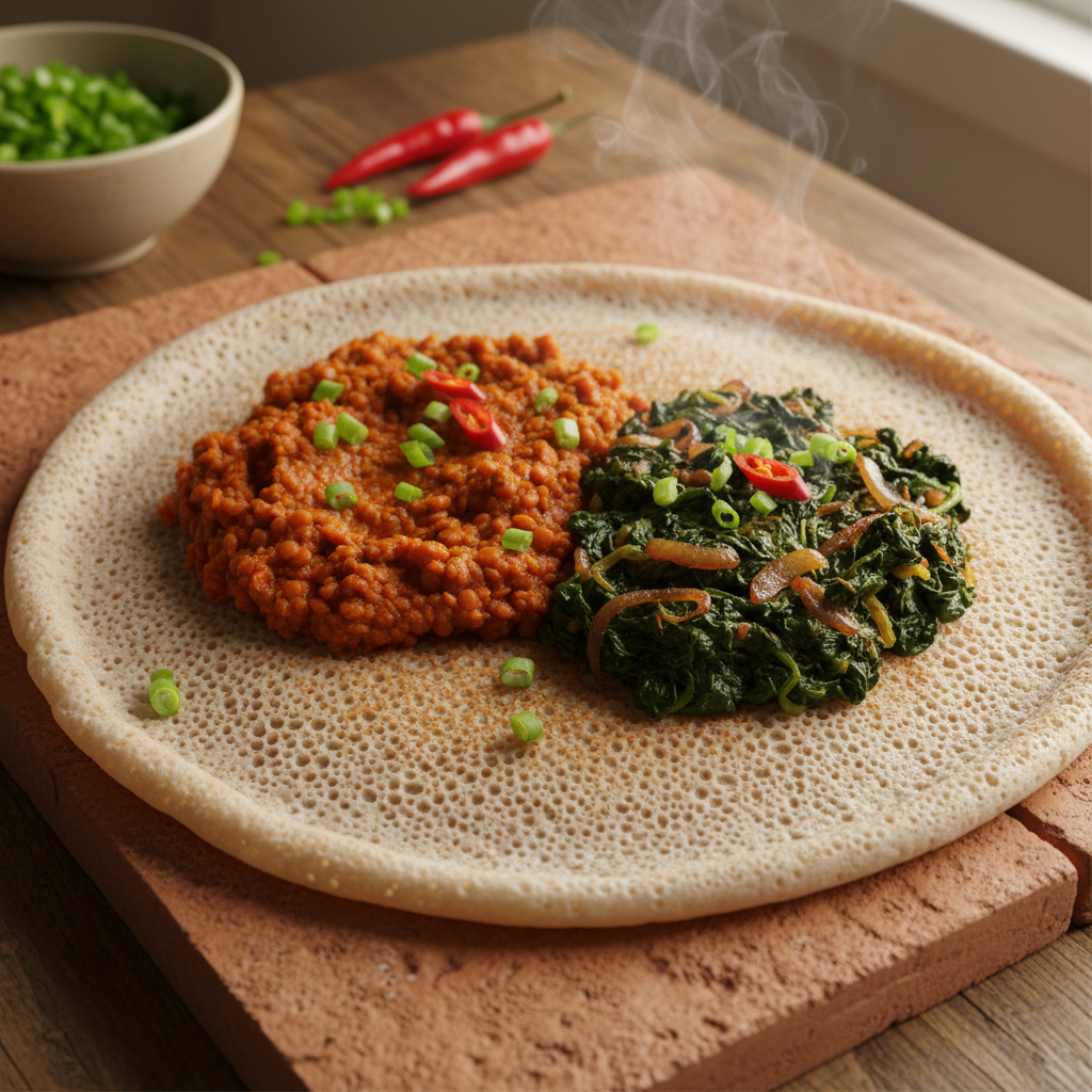 Injera aux Lentilles Rouges et Épinards