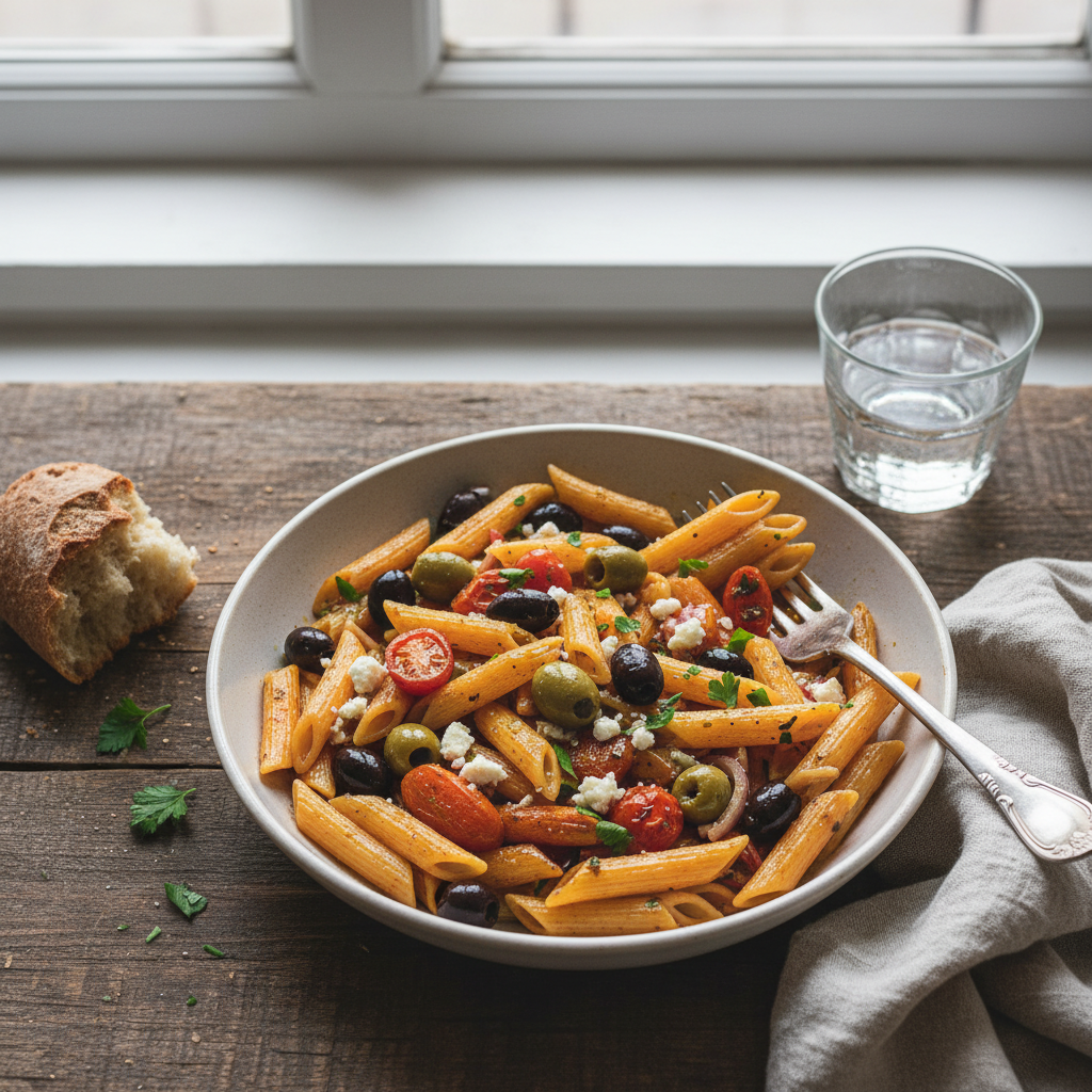 Penne aux Olives et Carottes Rôties