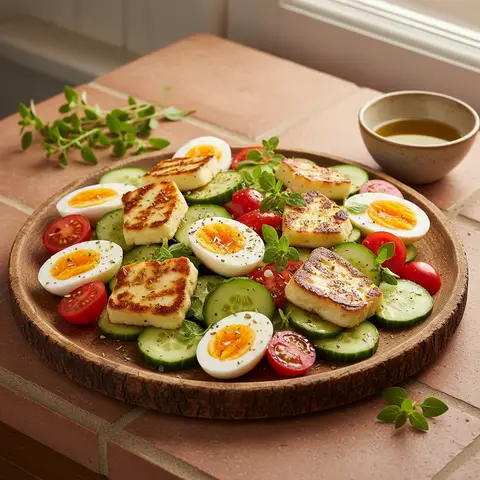 Griechischer Salat mit gegrilltem Halloumi und Ei