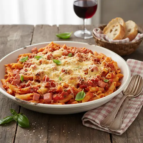 Italienische Pasta mit Schinken, Tomate und Gruyère