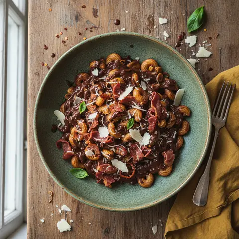 Pasta with Spiced Chocolate Sauce and Crispy Ham