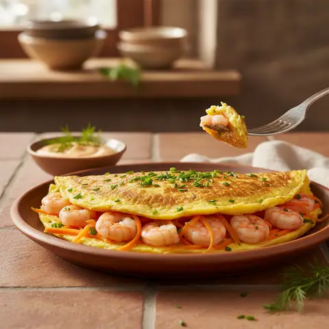Omelette mit Garnelen und Karotte