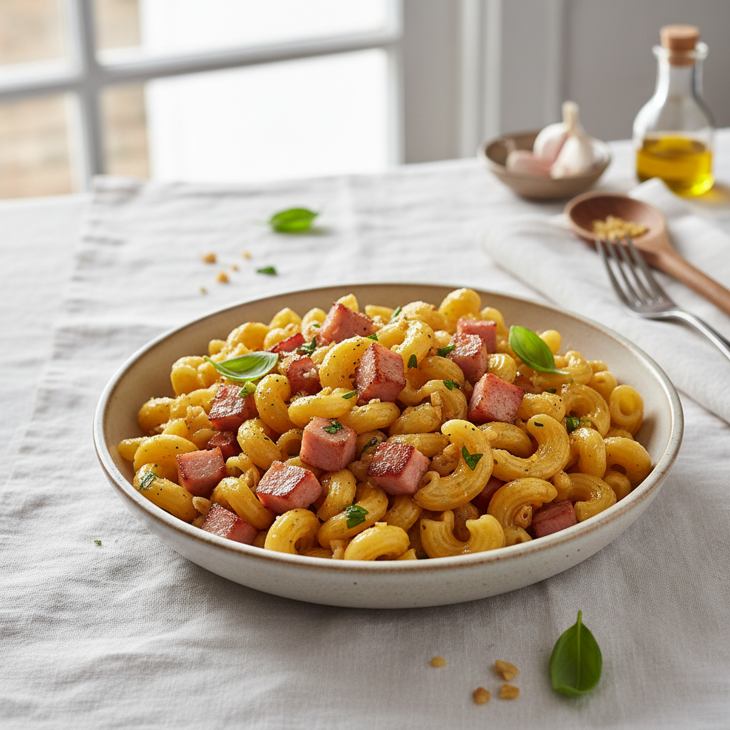 Pâtes au jambon et huile d'ail