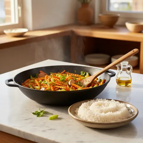 Wok mit Karotten und Sellerie in Knoblauchöl
