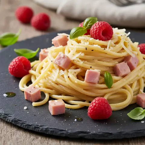 Vereinfachte Carbonara mit Himbeeren