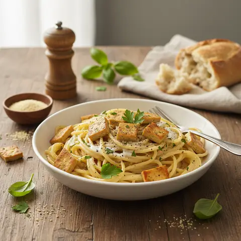 Vegetarische Carbonara-Pasta mit Räuchertofuspeckstreifen
