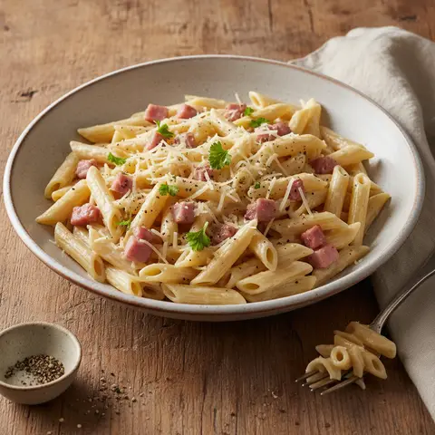 Penne mit Creme und Gruyère mit Schinken