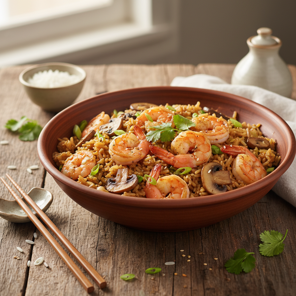 Riz sauté aux crevettes et champignons