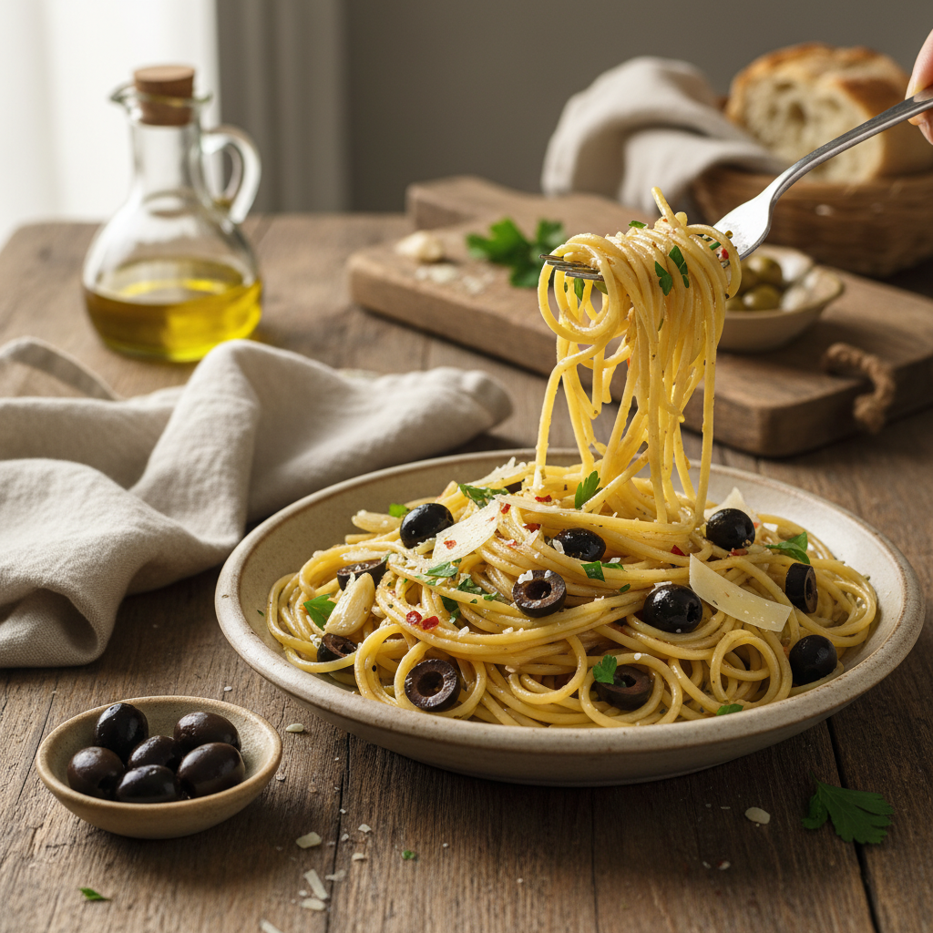 Spaghettis à l'Ail et Olives Méditerranéennes