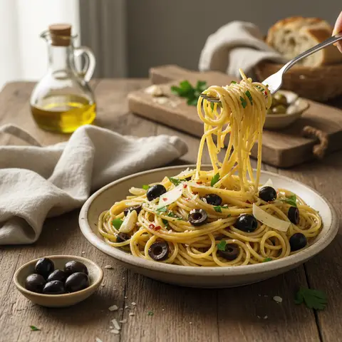 Spaghetti mit Knoblauch und Mittelmeer-Oliven