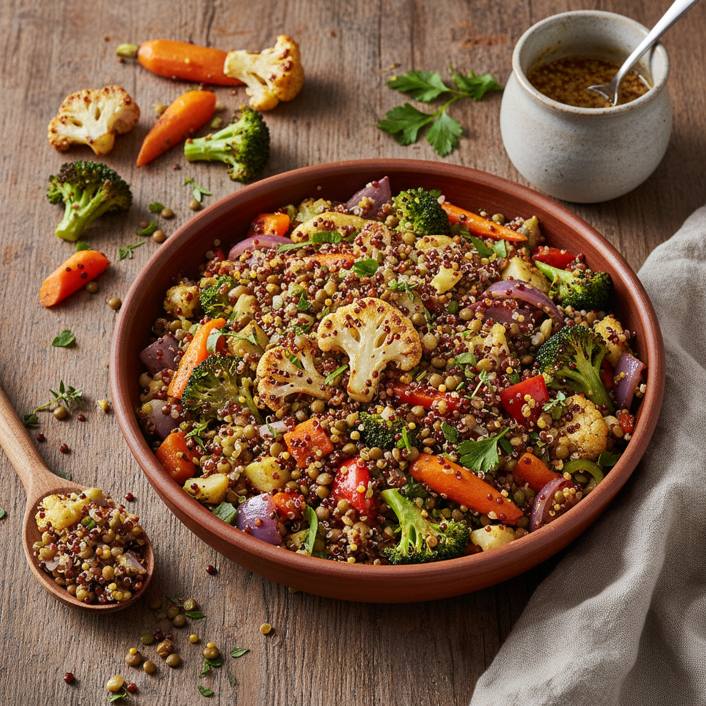 Salade Tiède Quinoa, Lentilles et Légumes Rôtis