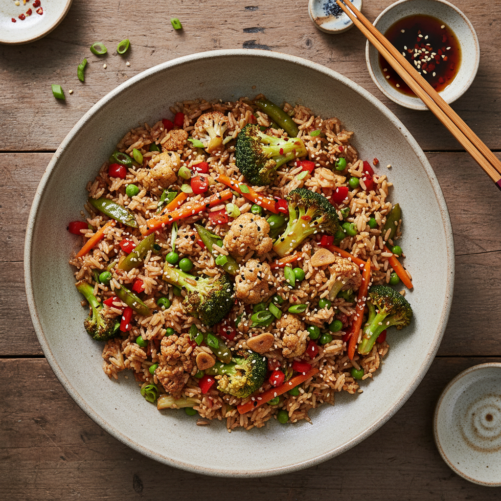 Riz Sauté Chou-fleur et Brocoli à l'Ail et Soja