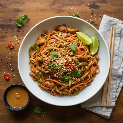 Vereinfachtes Pad Thaï mit Gemüse und Hähnchen