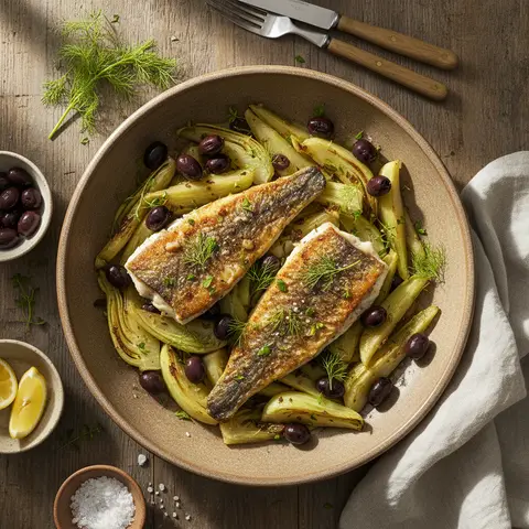 Pfanne mit Dorade, Fenchel und Oliven