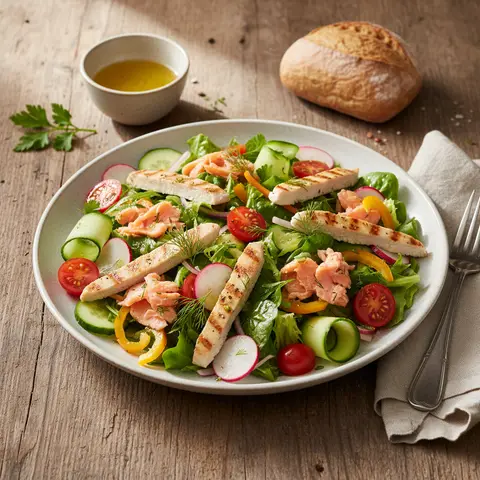 Gemischter Salat mit Hähnchen und rohem Gemüse