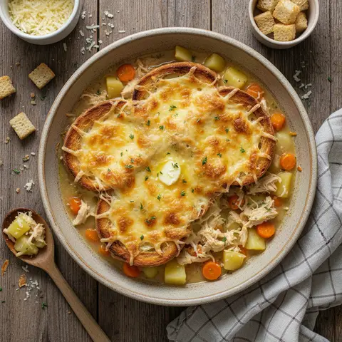 Überbackene Hühner-, Karotten- und Kartoffelsuppe