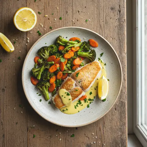 Pan-Seared White Fish with Broccoli, Carrots, and Lemon Sauce