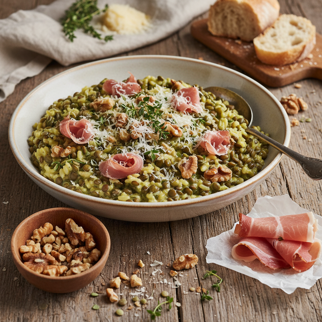 Risotto Créatif Lentilles, Noix et Jambon Fumé