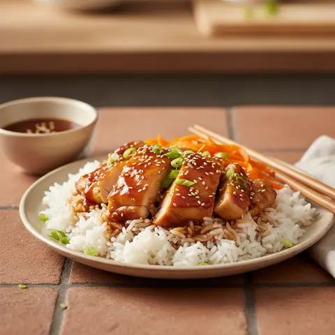 Hähnchen Teriyaki mit Karotten und Reis