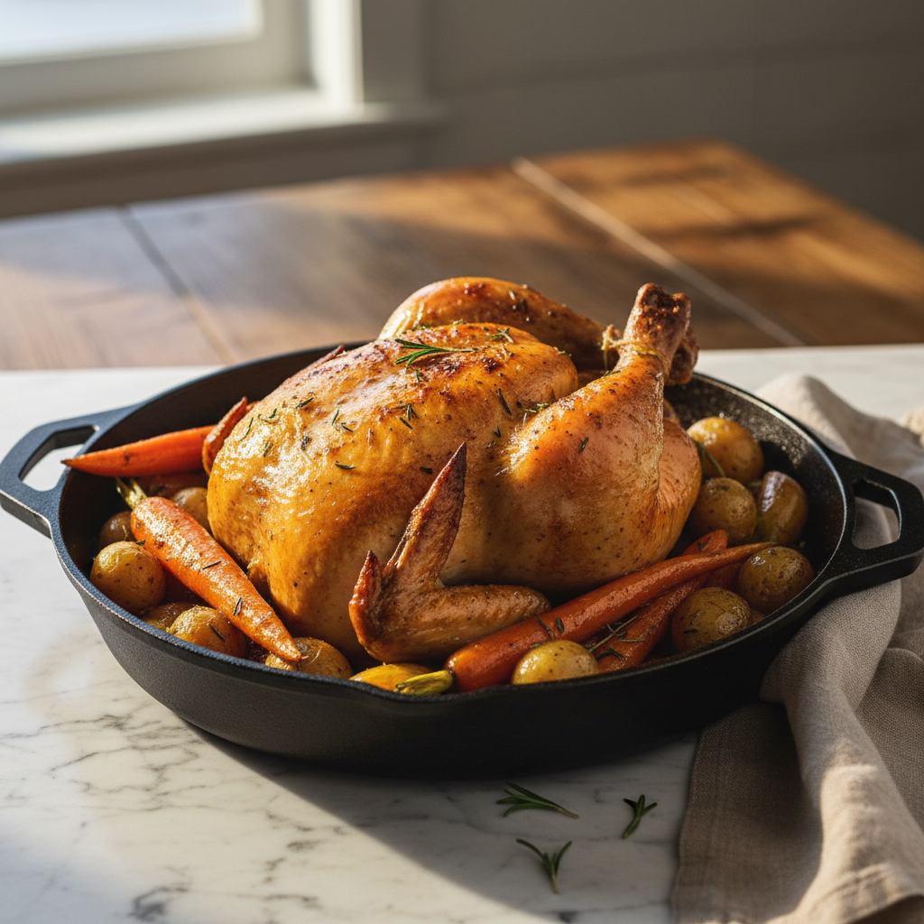 Poulet rôti aux carottes et pommes de terre