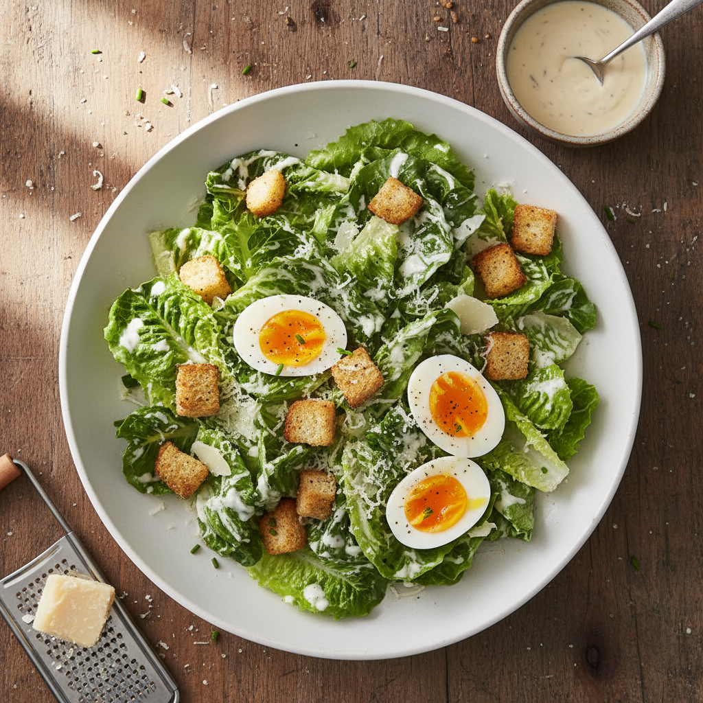 Salade César végétarienne aux œufs mollets