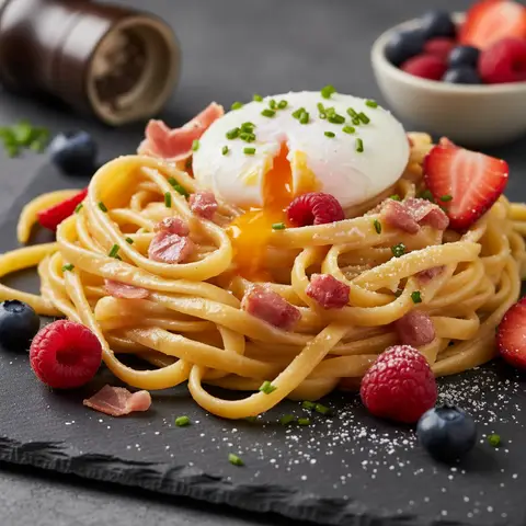 Carbonara-Pasta mit roten Früchten und Ei