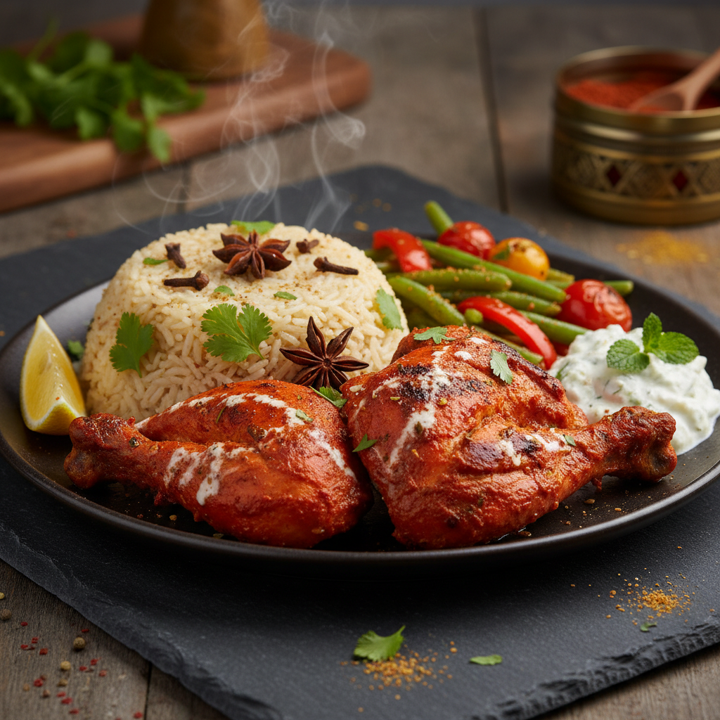 Poulet tandoori avec riz et légumes