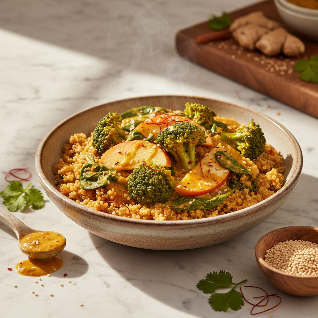 Curry de Brocoli, Épinards et Pommes au Quinoa