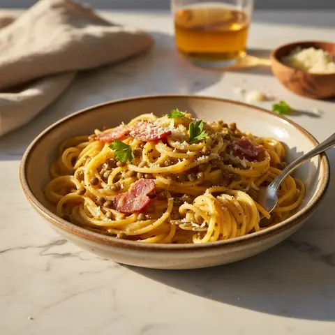 Carbonara-Pasta mit Linsen