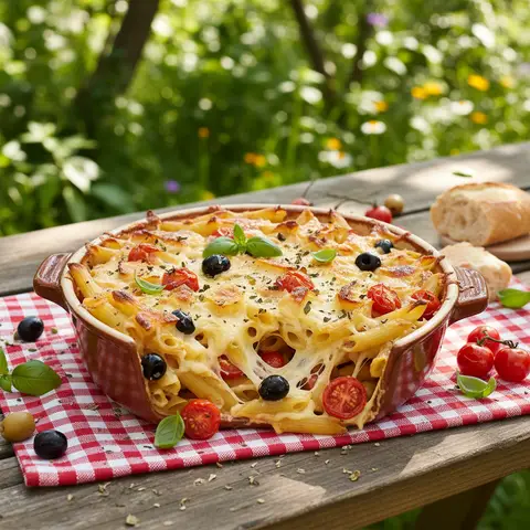 Pasta Gratin with Olives and Tomatoes