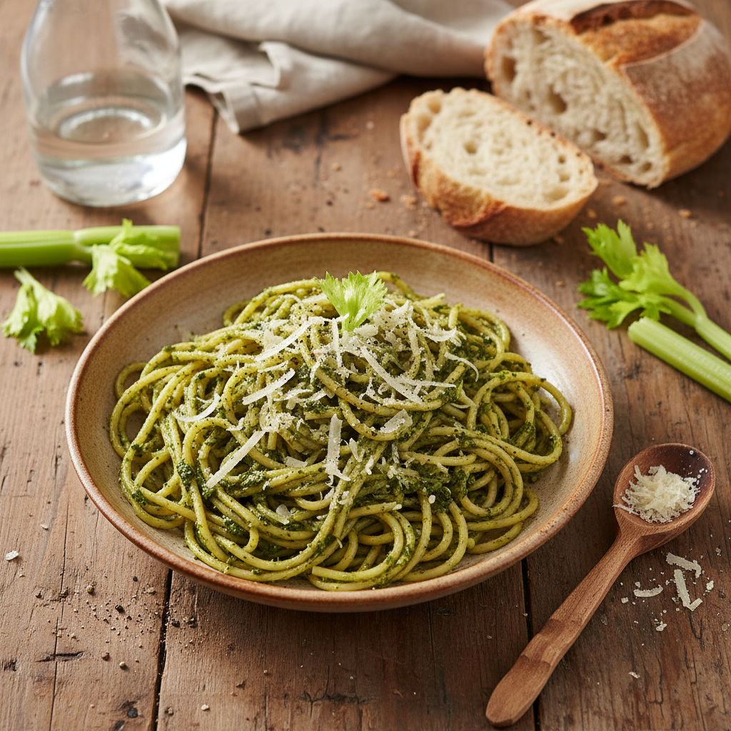 Spaghettis au Pesto de Céleri et Gruyère