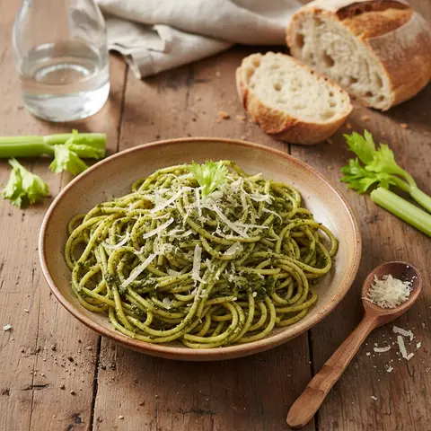 Spaghetti with Celery and Gruyère Pesto
