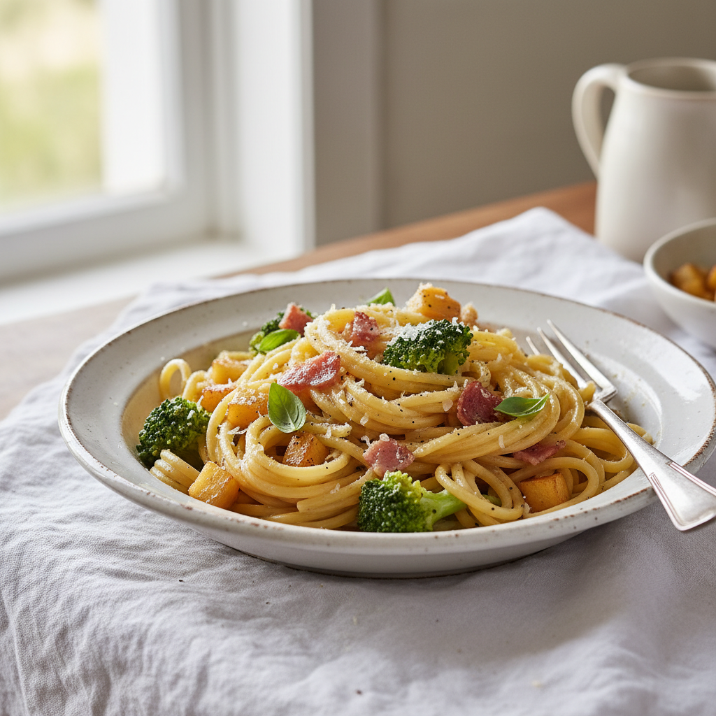 Pâtes Carbonara Simplifiée avec Brocoli et Pommes