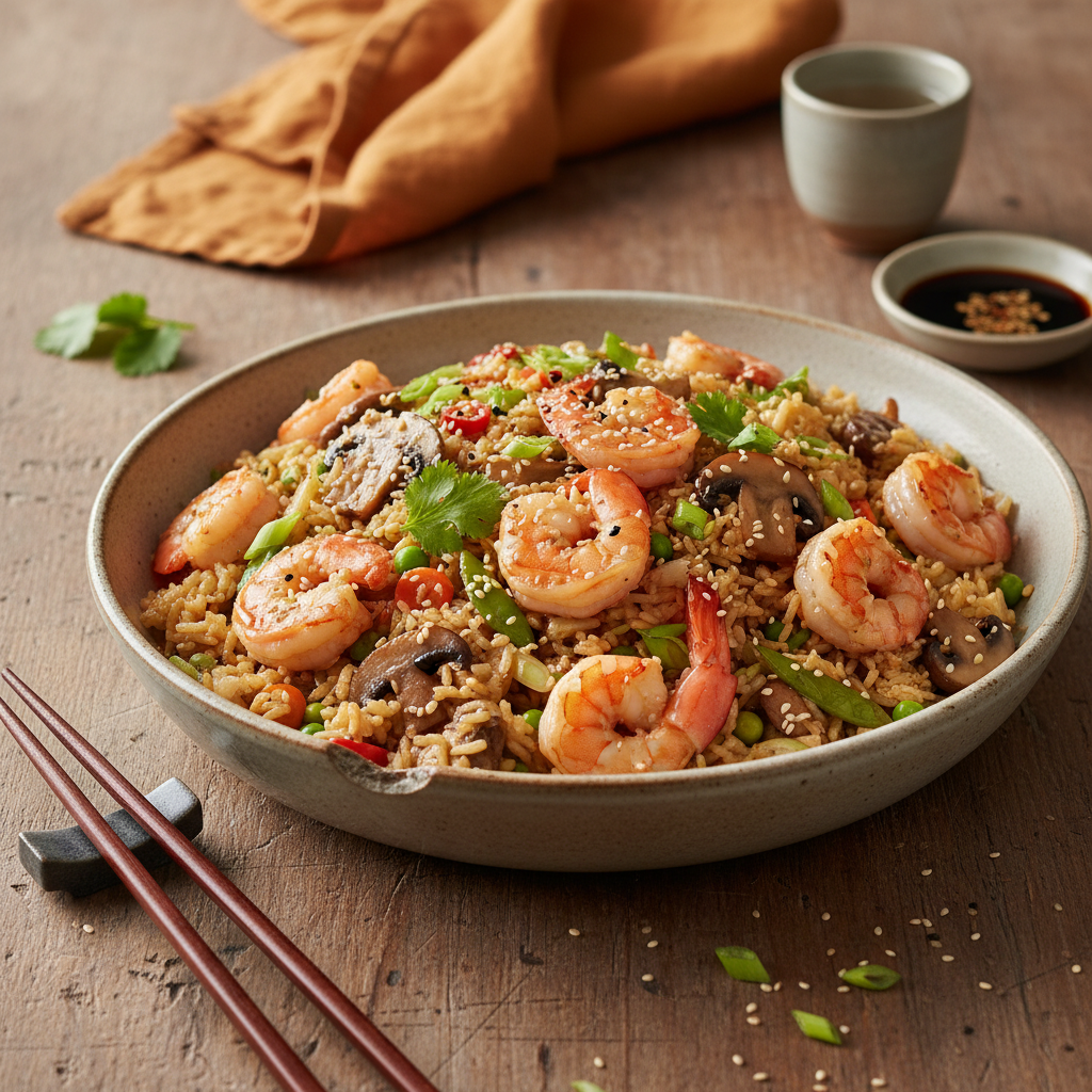 Riz sauté aux crevettes et champignons