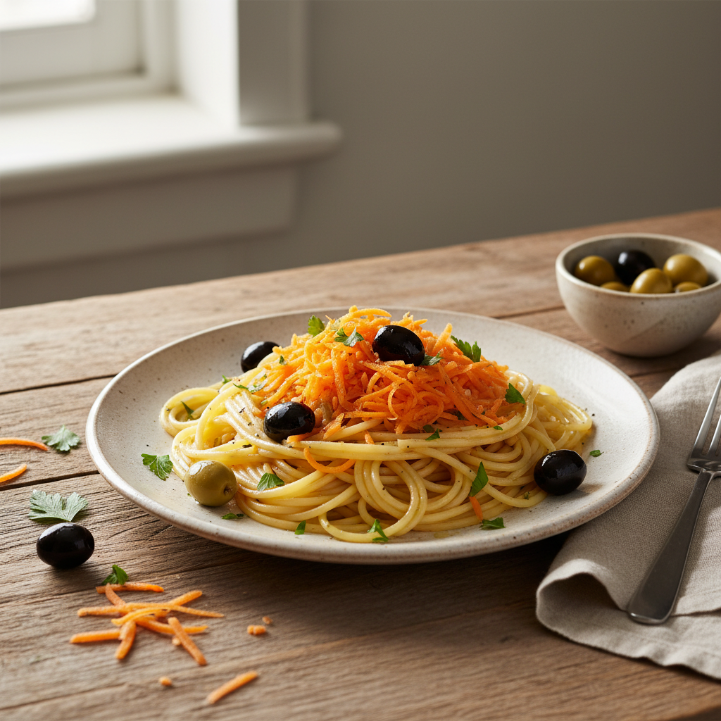 Spaghettis aux Olives et Carotte Râpée