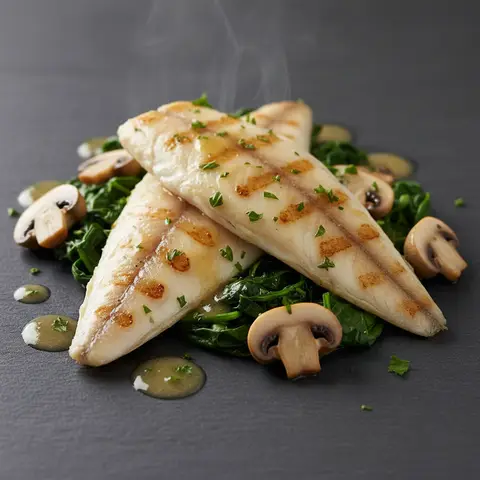 Grilled Sole Fillets with Mushrooms and Spinach