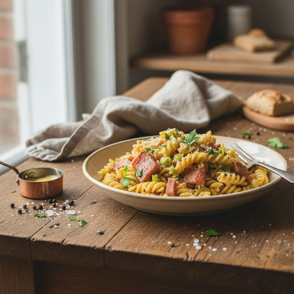 Pâtes beurre et jambon-poireaux