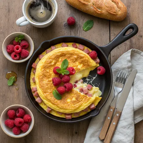 Ham and Gruyère Omelette with Raspberries