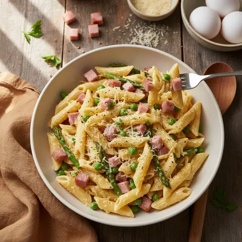Simplified Carbonara Pasta with Ham and Vegetables