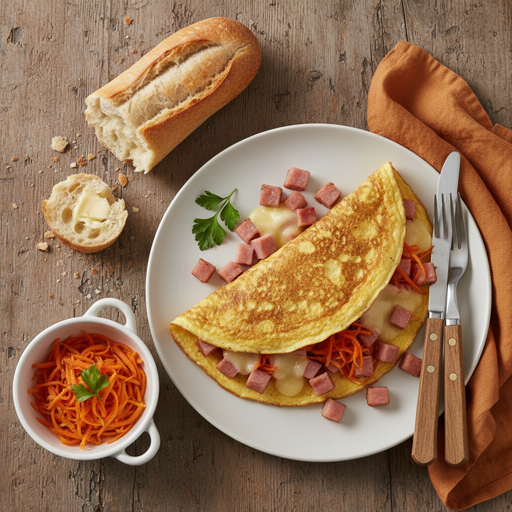 Omelette jambon-fromage aux carottes