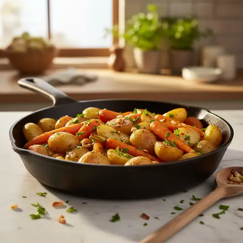 Kartoffel- und Möhren-Pfanne mit Knoblauch