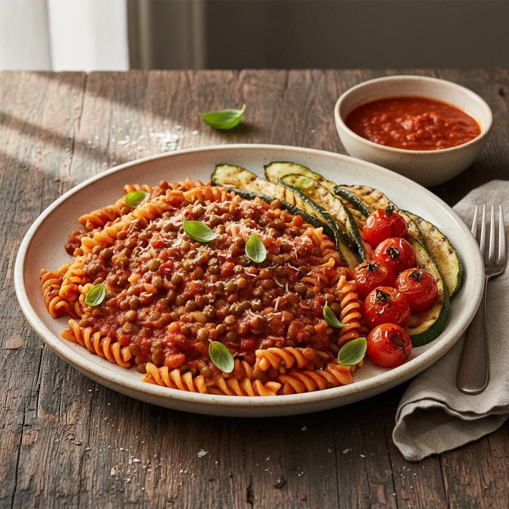 Pâtes à la sauce tomate-lentilles et légumes grillés