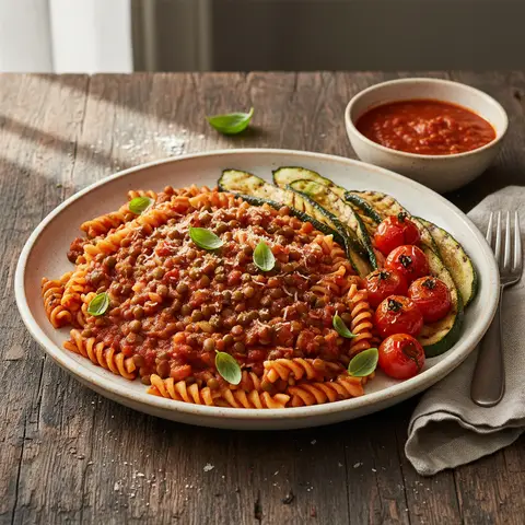 Nudeln mit Tomaten-Linsen-Soße und gegrilltem Gemüse