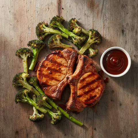 Grilled Pork Chops with Barbecue Sauce and Broccoli